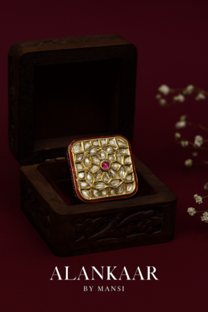 Square Kundan Ring-Red