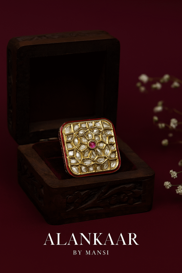 Square Kundan Ring-Red