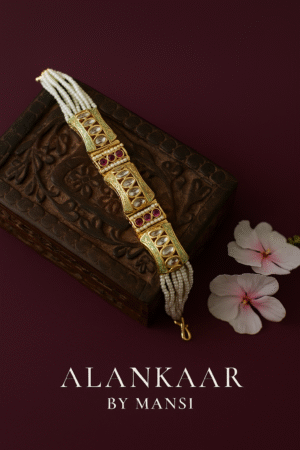 Ivory-Mint Kundan Bracelet with Moti work Belt-5 Kundan stones in centre
