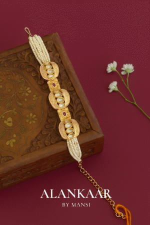 Pink-Ivory Kundan Bracelets with Moti Belt-4 Kundan stones in centre