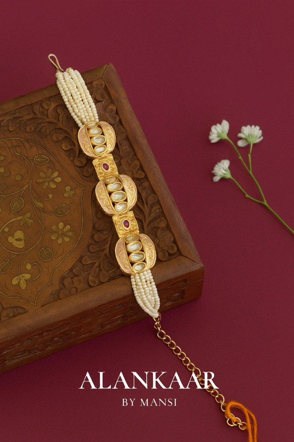 Pink-Ivory Kundan Bracelets with Moti Belt-4 Kundan stones in centre
