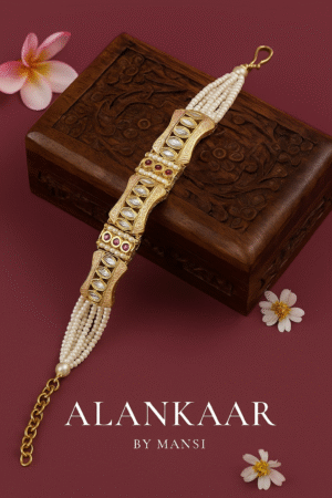 Pink-Ivory Kundan Bracelet with Moti Belt-5 Kundan stones in centre