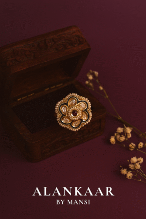 Ruby-Green-White Floral Kundan Ring with Moti work-Adjustable