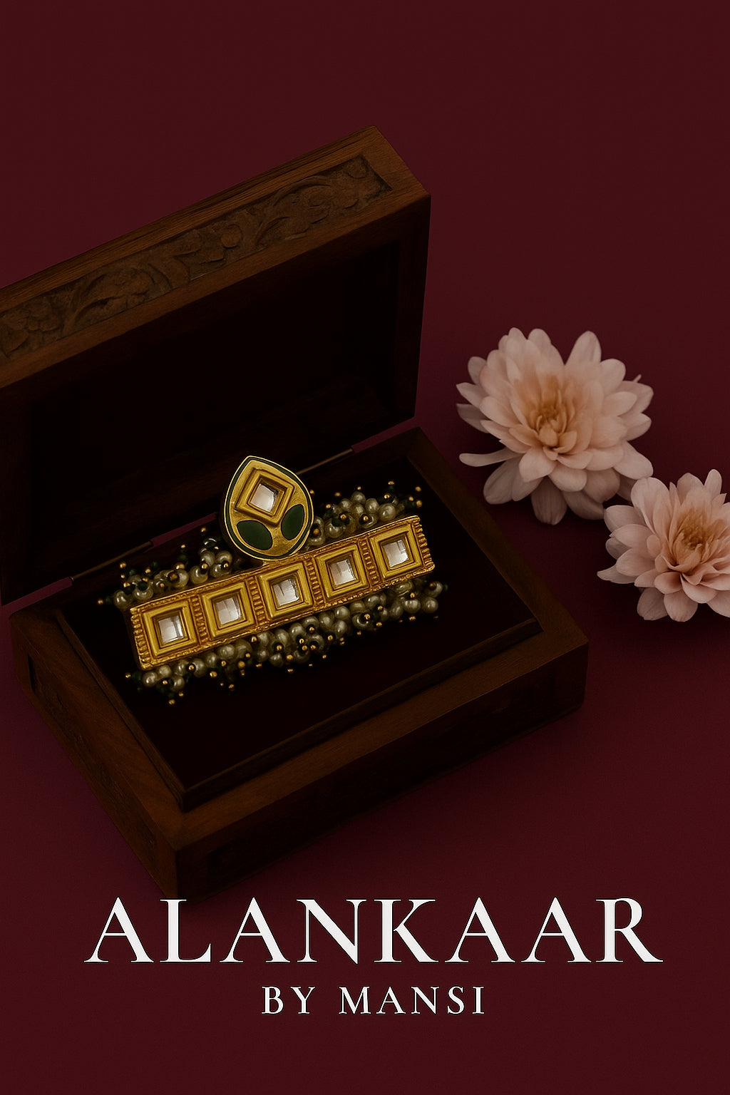 Kundan Ring with small Tassels-Green