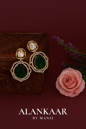 Moissanite Earrings with Tyani Kundan Details-Green