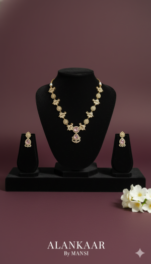 Polki Necklace (Baby Pink) Medium Length