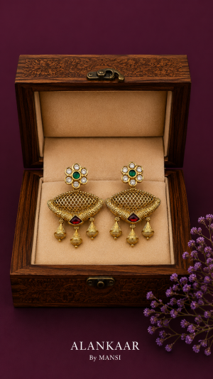 Antique Earrings with Detailed work-Green